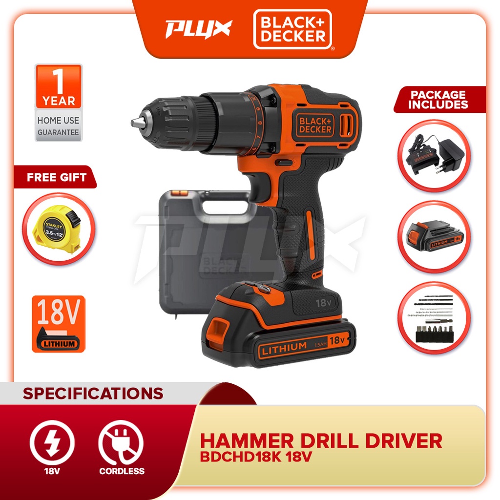 18V Cordless Hammer Drill With 2x 1.5Ah Batteries, 400mA Charger