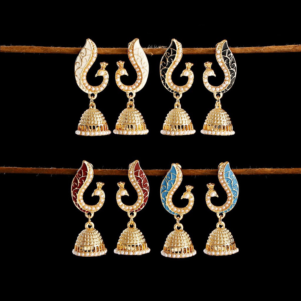 Peacock Jhumka Earrings Womens Indian Jewelry Flower Gold Bell