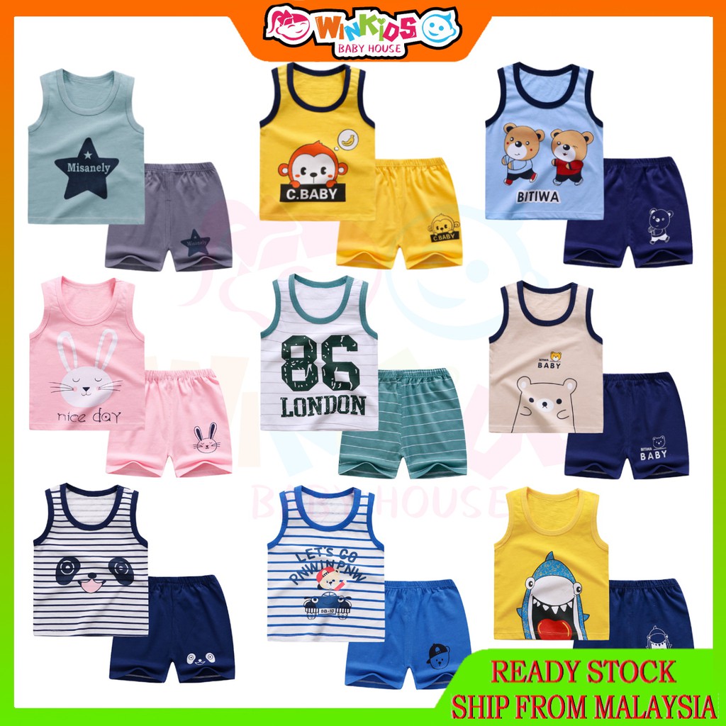 Winkids 3M-4Y Baby Kids Singlet Set Shirt+Pants Boys Girls Baju Budak ...