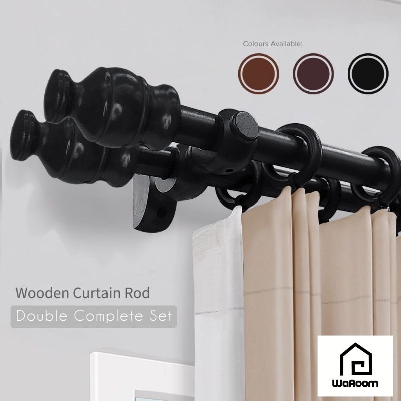 Wooden Curtain Rod Double Complete Set / Rod Langsir Kayu Batang