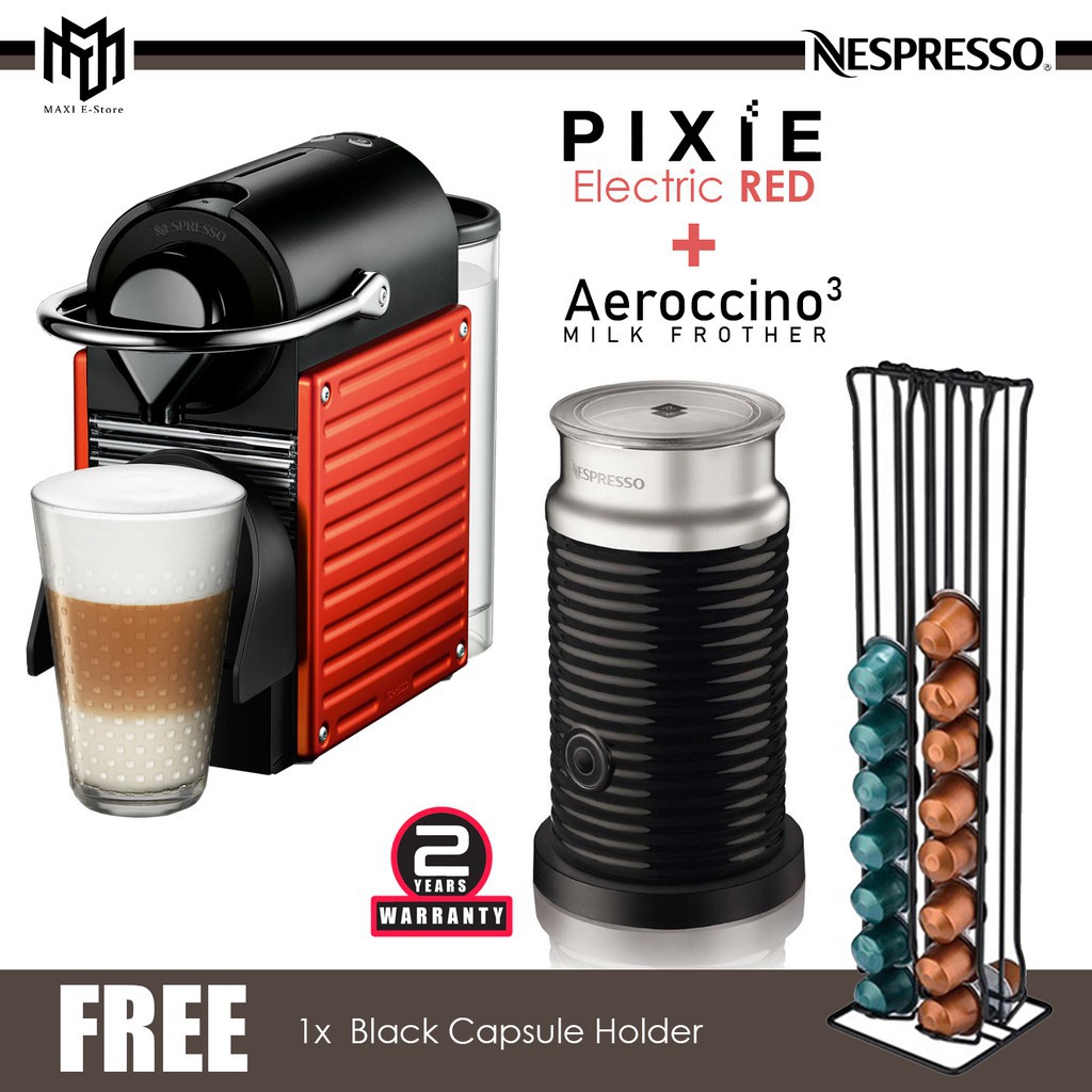 Nespresso Pixie Electric Red Coffee Machine C61MERENE/Aeroccino 3 Milk