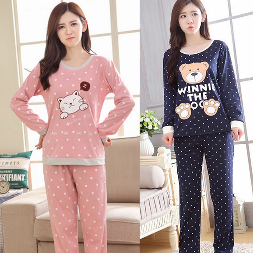 Women's Printed Long Sleeve Pajamas Set Baju Tidur Wanita | Shopee Malaysia