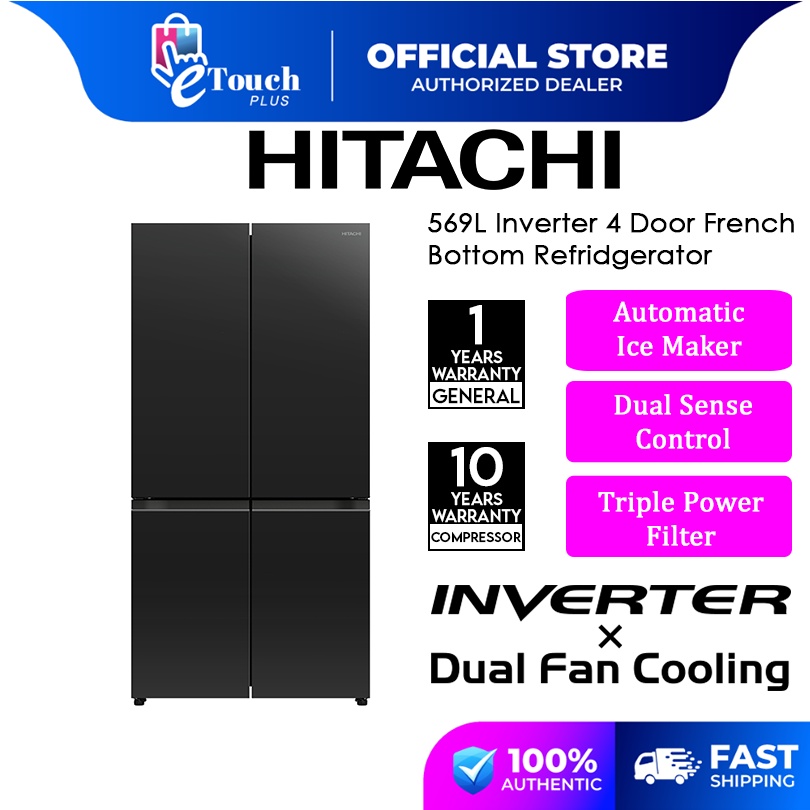 Hitachi 569L 4 Door French Bottom Freezer Inverter Refrigerator R