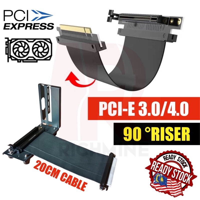 {ReadyStock} PCIE 16X 3.0 4.0 Riser 90 degree Cable 20cm Length Stand ...