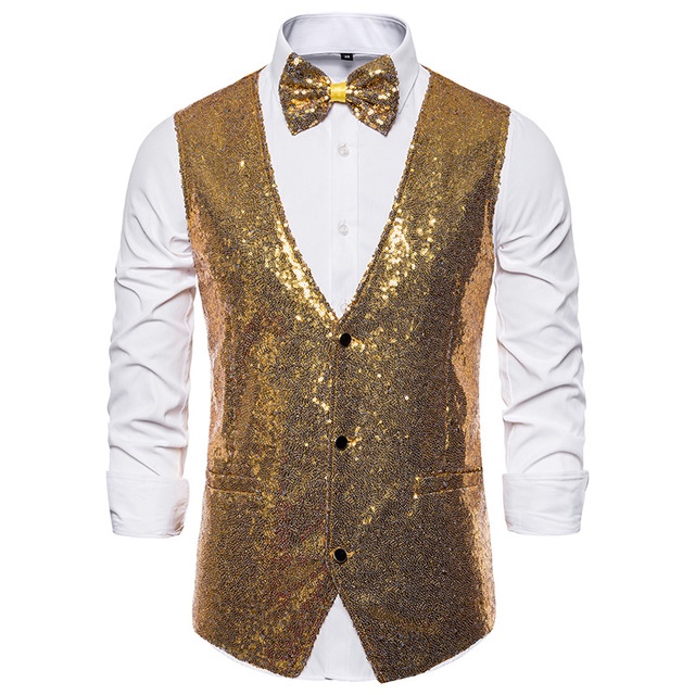 Men Shiny Gold Sequin Glitter Embellished Blazer Waistcoat Night Club ...