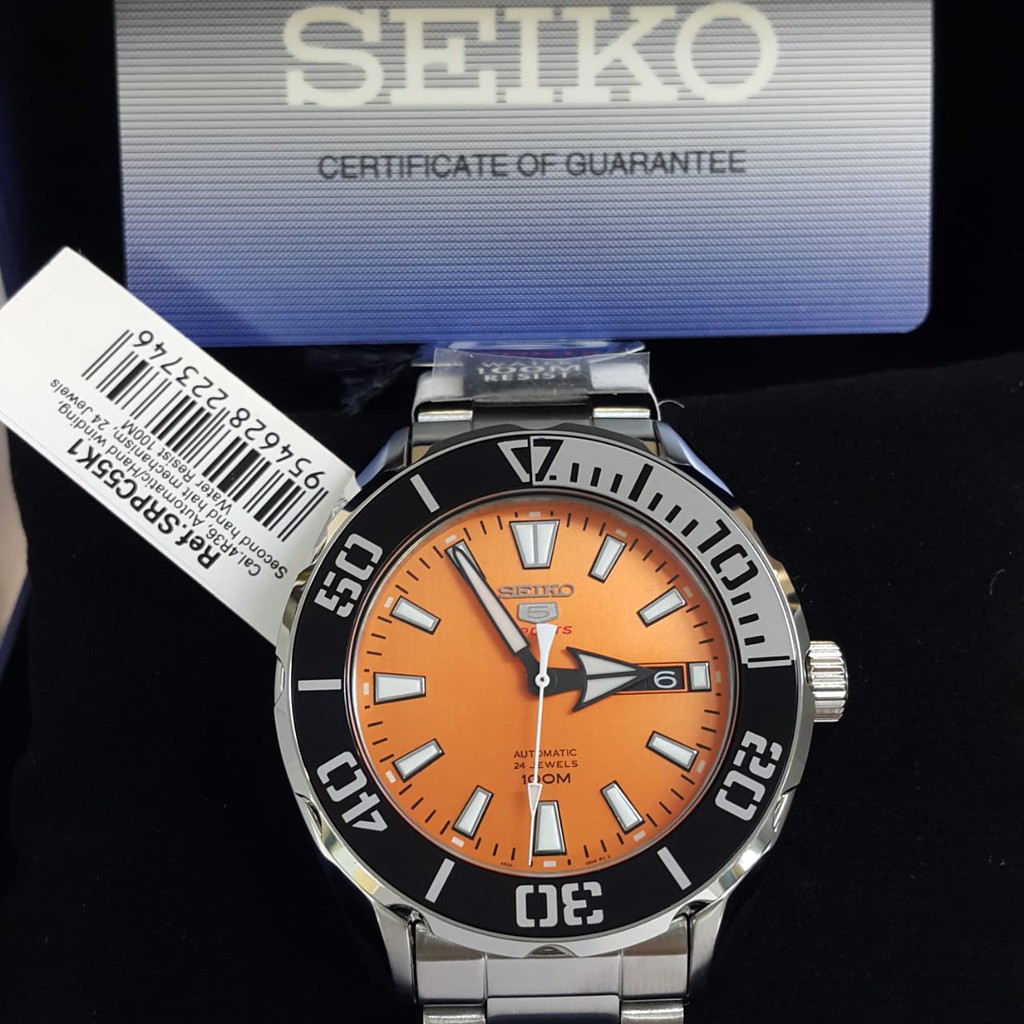 Seiko 5 Sports Gents SRPC55K1 Automatic 100m Black Bezel Orange Dial Stainless Steel Watch Shopee Malaysia