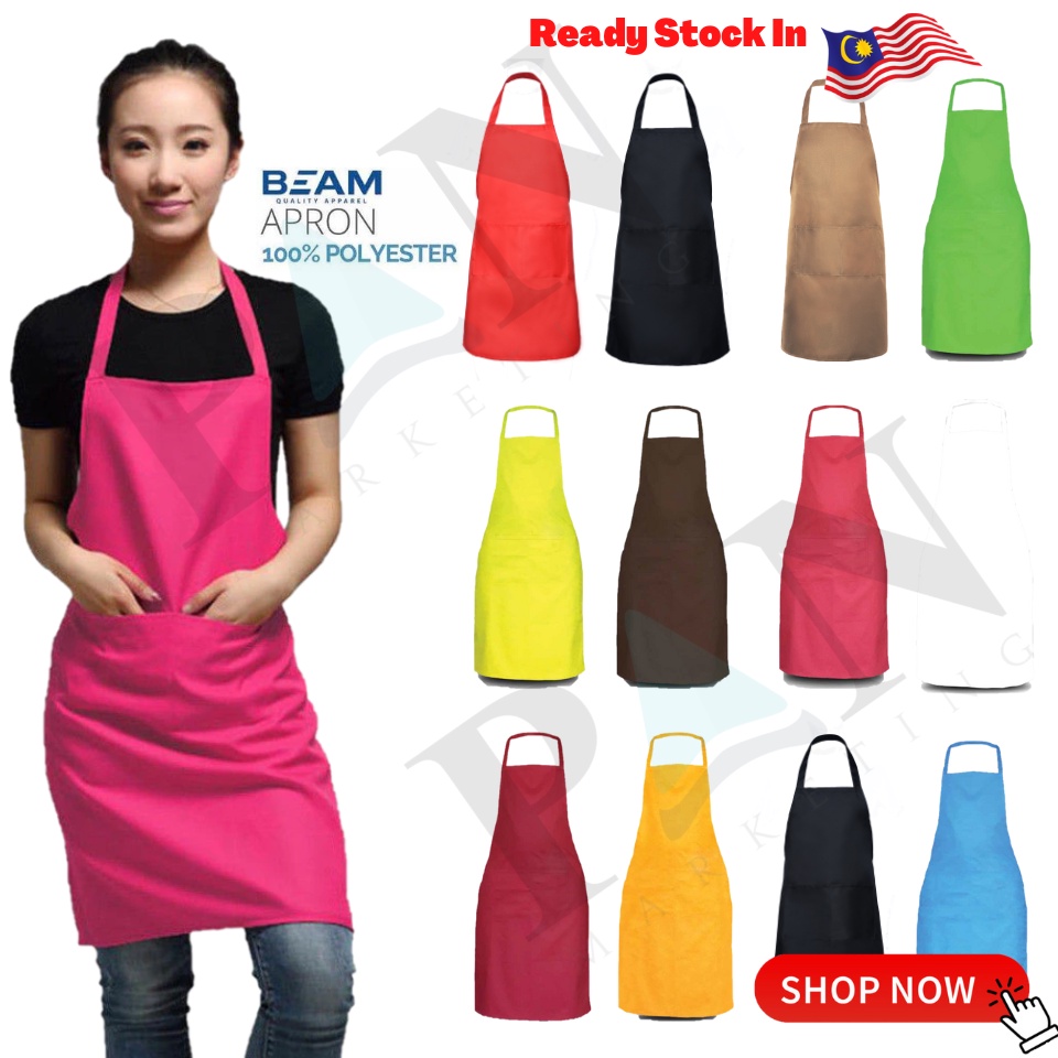 Unisex 100% Polyester hang neck Cafe apron Front Pocket Appron kitchen  Women Epron Chef Dapur Beam APR10 厨房围裙 Chef Apron | Shopee Malaysia