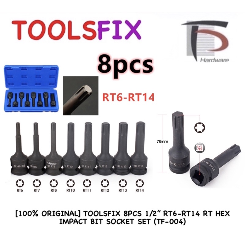 [100% ORIGINAL] TOOLSFIX 8PCS 1/2” RT6-RT14 RT HEX IMPACT BIT SOCKET ...