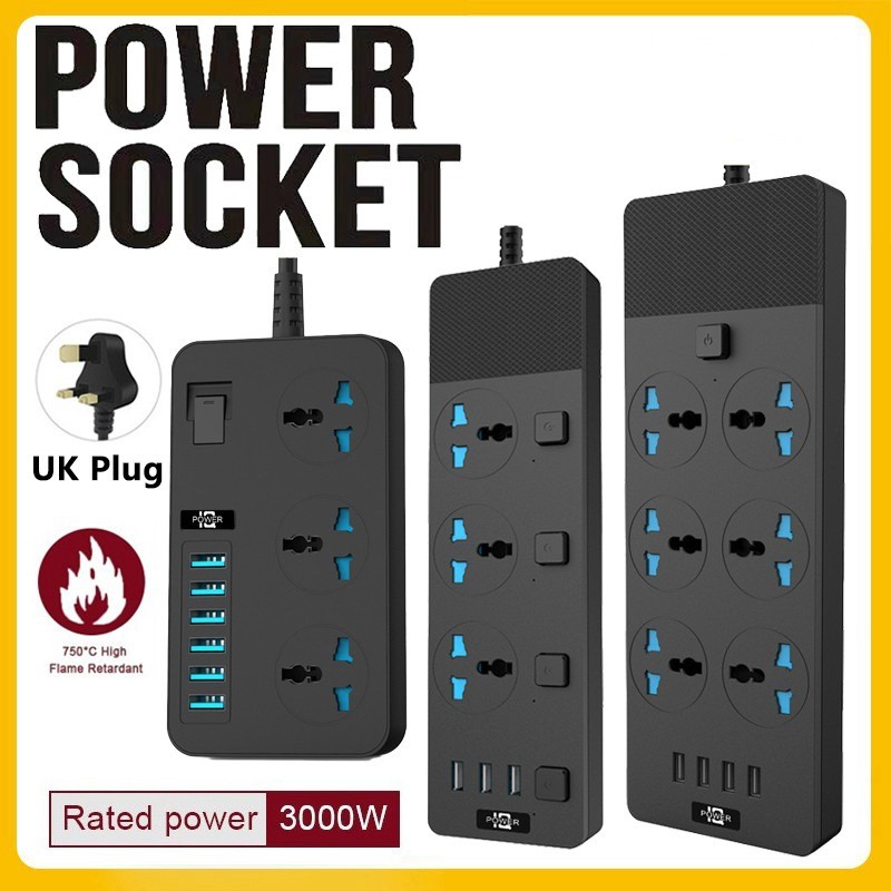 UK Plug 3000W Power Strip Universal Power Socket + USB Charger Output 3 ...