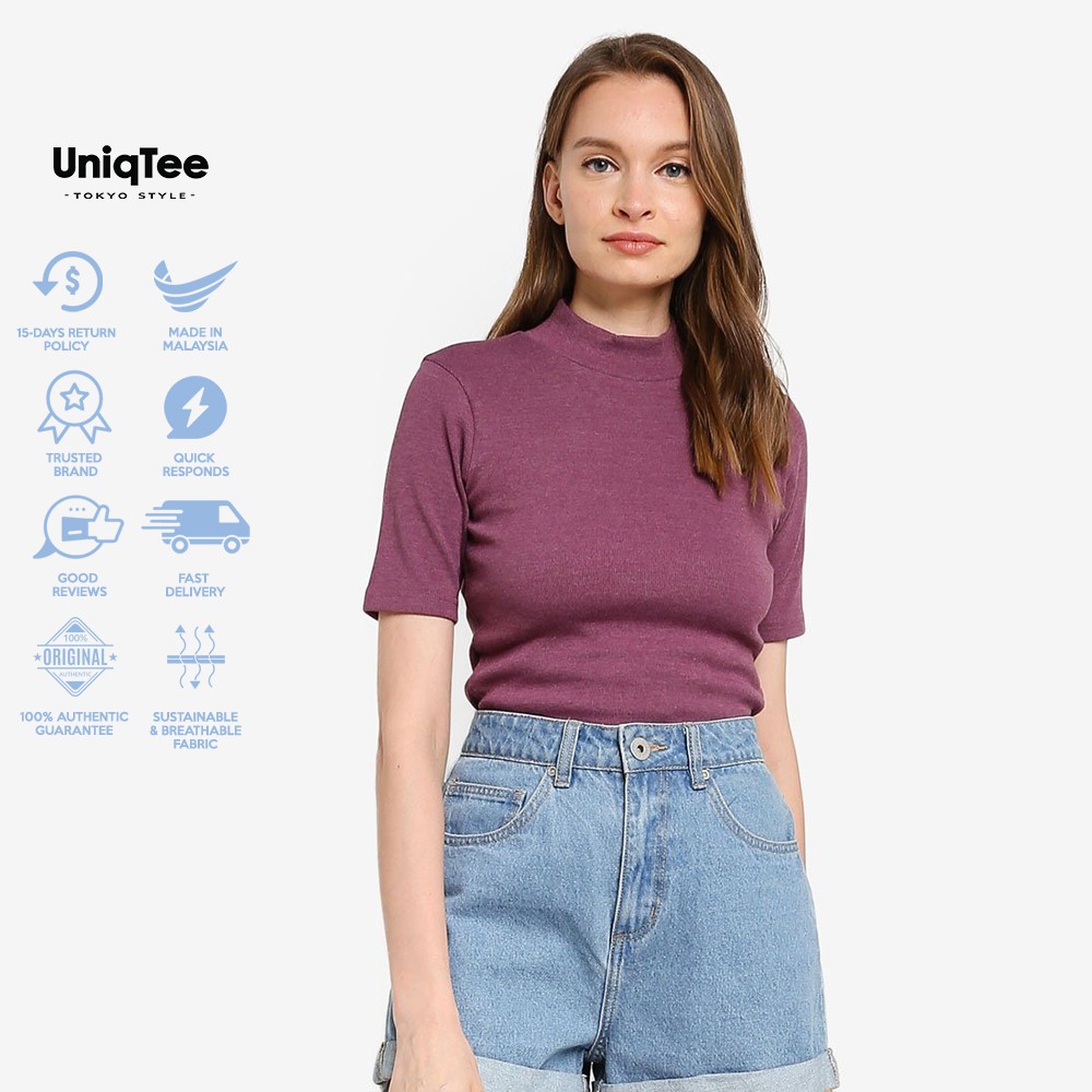 UniqTee Fitted Turtleneck Short Sleeve Top in Purple and Brown - LM18572TO