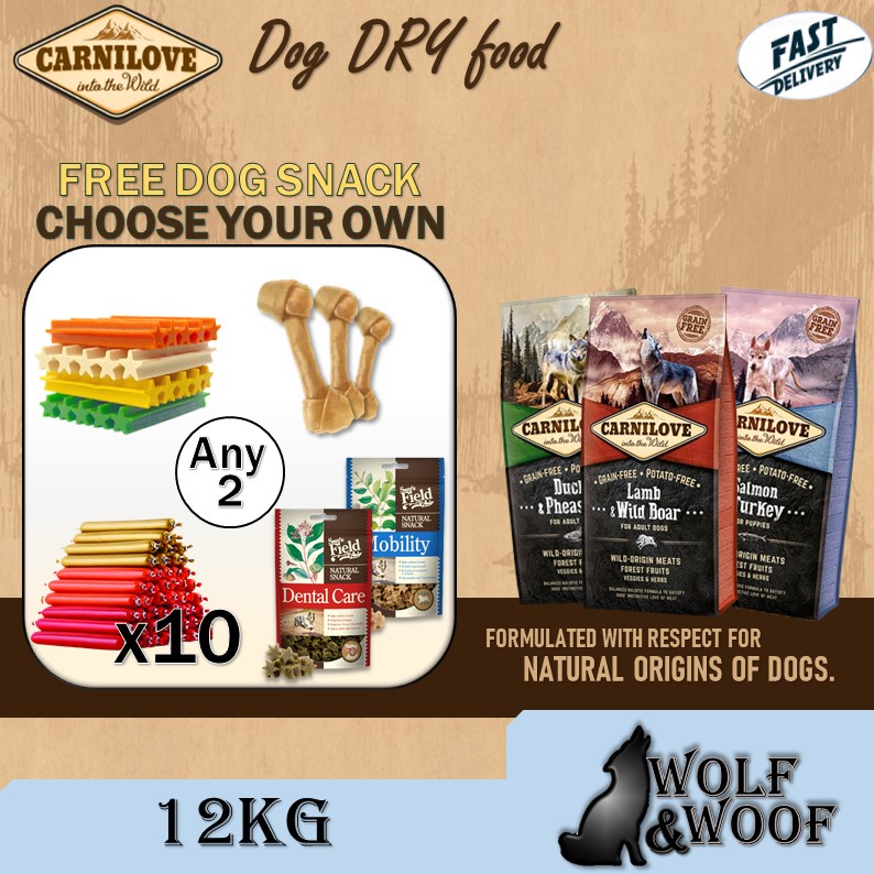 [FREE DOG BONE & 10 SAUSAGE] Carnilove Grain Free Dog Food 12kg (Salmon
