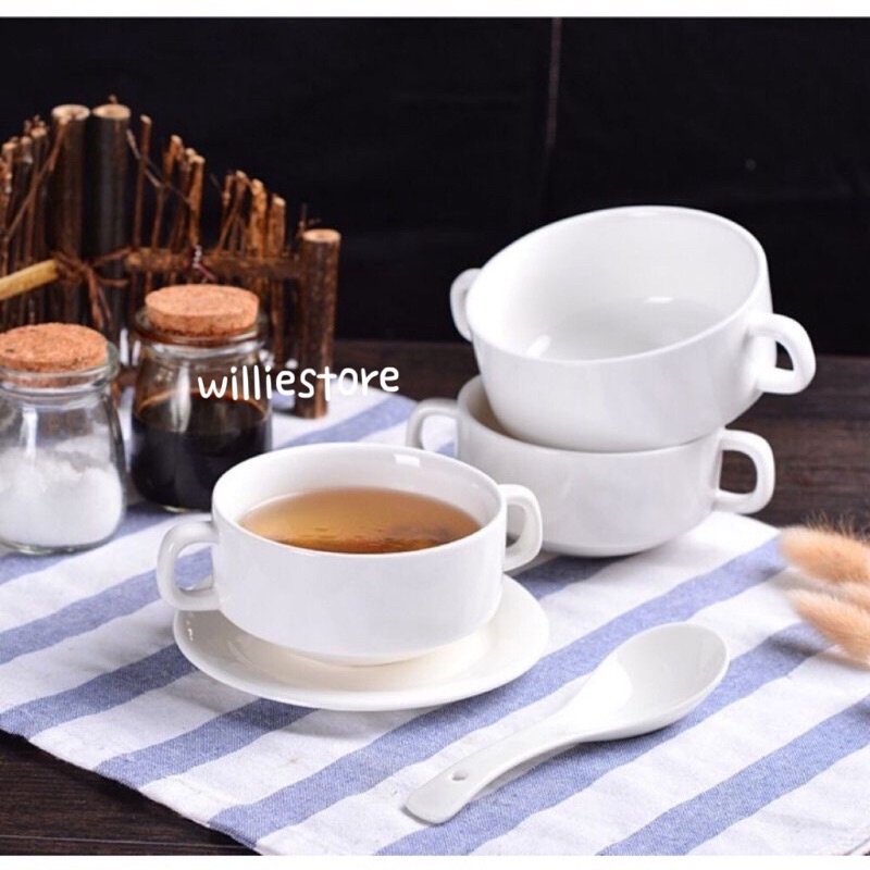White Porcelain Double Handle Mushroom Soup Bowl with Saucer/Oat Meal