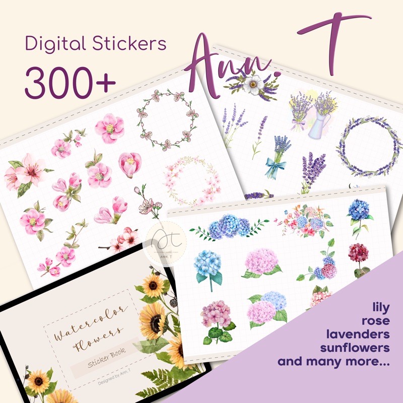 GoodNotes / PNG Ann T. Watercolour Flowers Digital Stickers Book for ...