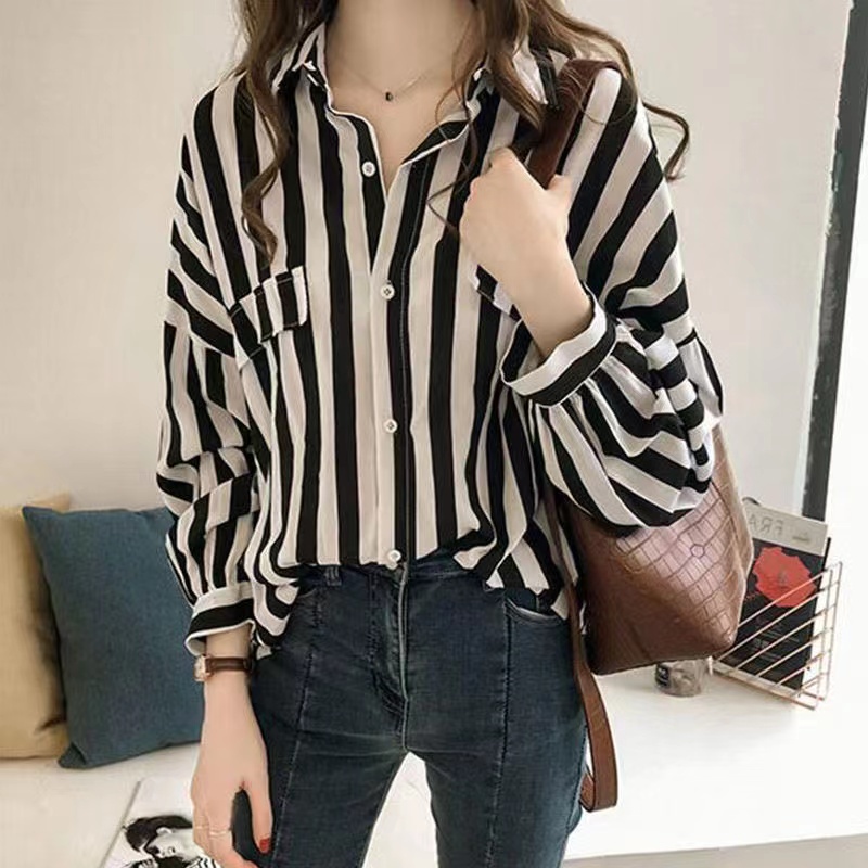 Women Loose Striped V Neck Long Sleeve Casual Summer Blouse Fashion ...