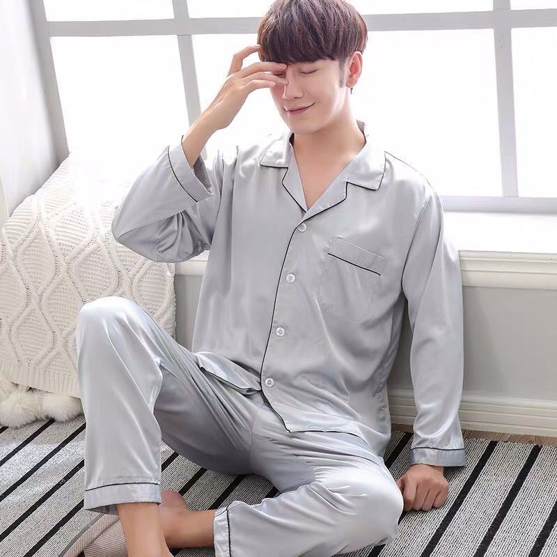 baju tidur Satin Pyjamas Men Pajamas Silk Pajama Set Long Sleeve Cardigan Blouse Top Pants Sleepwear Set Casual Homewear Korean Loose Men Sleepwear Nightwear Loungewear Male Pyjamas Set Plus Size