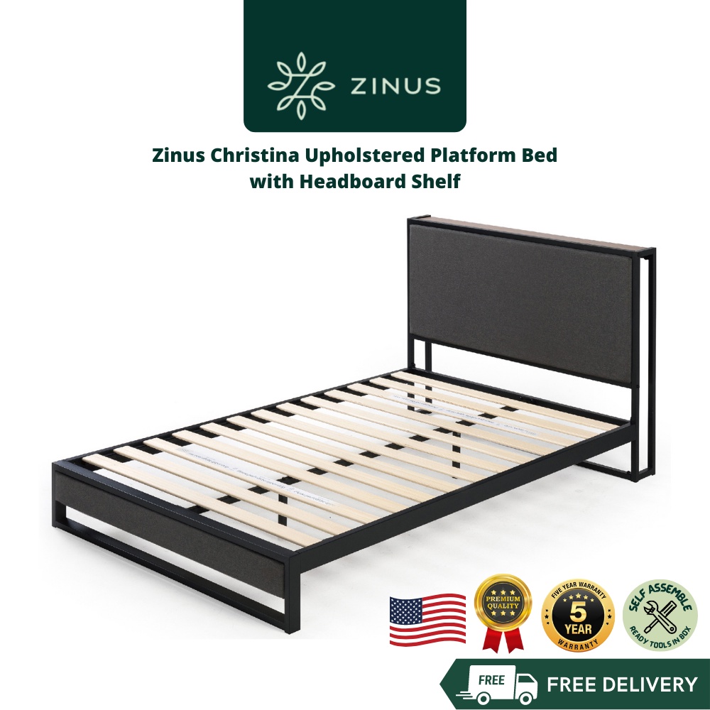 Zinus Christina Upholstered Platform Bed with Headboard Shelf Shopee