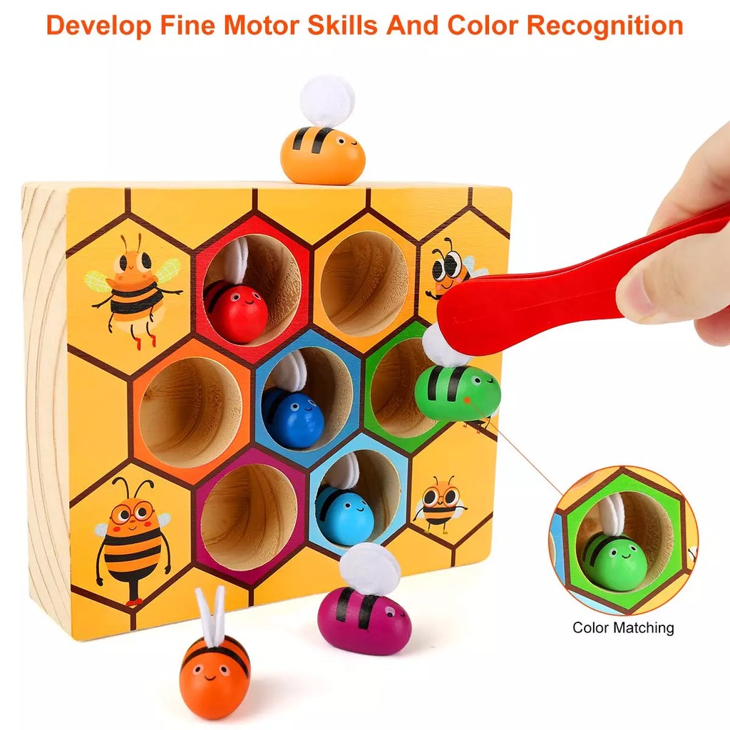Wooden Beehive Toy Color Matching Colour Sorting Little Bee Clip Toy ...