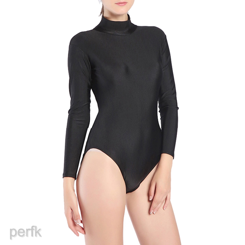 PerfkMY] Women's Long Sleeve Tops Basic High Neck Leotard Bodysuit ...