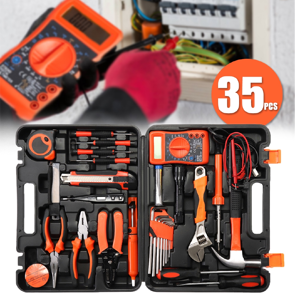 35Pcs Multifuntional Tools Set Steel Household Electrician Kits Hardware  Toolbox Black+Orange