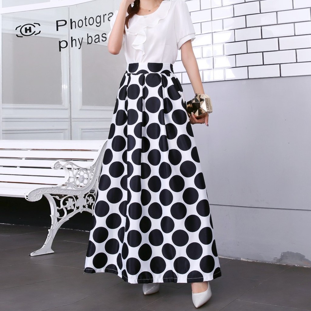 Fashion Women Polka Dot Print Long Skirts Elasitc High Waist Pleated ...