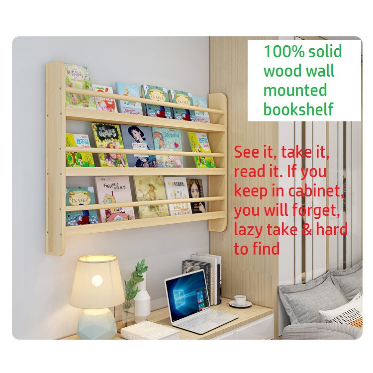 Solid Wood Wall Mounted Children Study Bookshelves Kids Bookcase