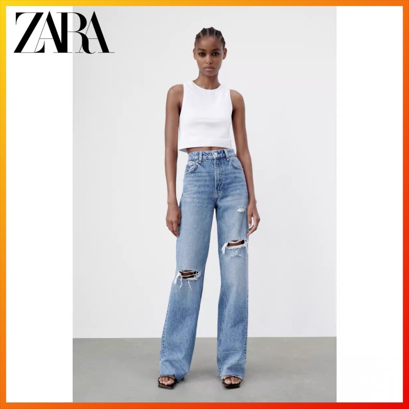 ZARA New Women's High Waist Hole Decorated Wide Leg Jeans Casual