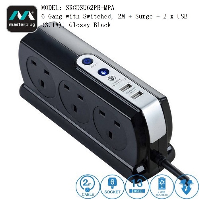 Masterplug SRGDSU62PB-MPA 6 Way Surge Protected W/Dual USB 3.1A ...
