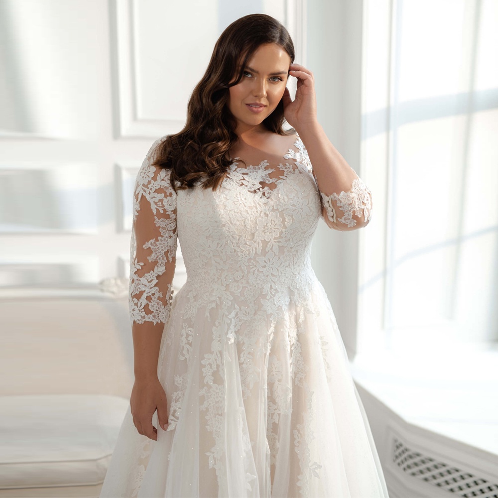 Bohemian Plus Size Wedding Dresses For Women Lace Appliques Three Quarter Scoop Neck A Line 2676