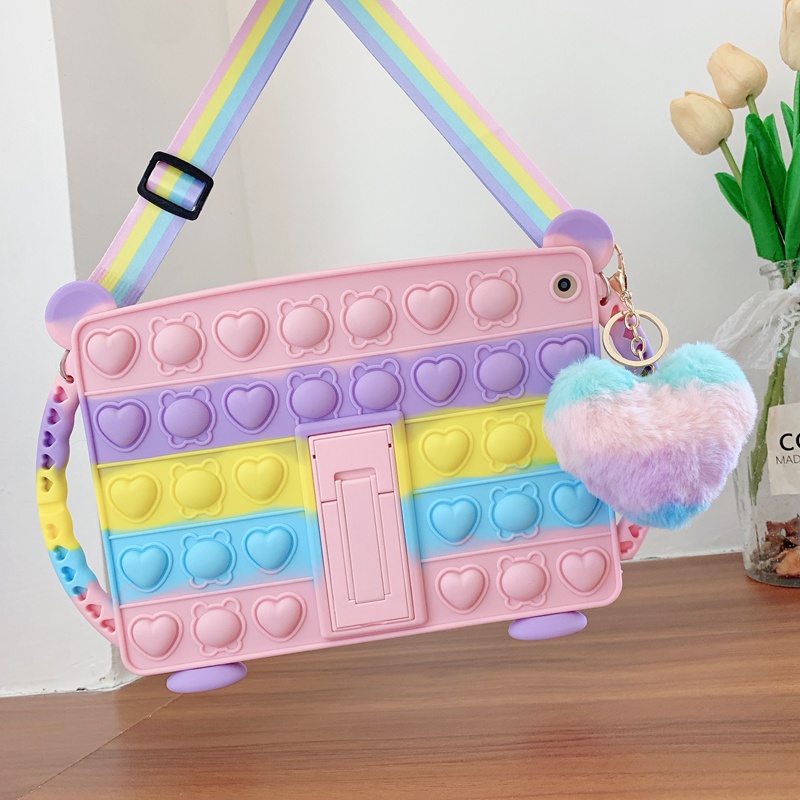 cartoon loverly bear ipad case handheld built-in stand 2019 2020 air4pro  mini4 /3/2/1 rainbow bracket push pop it silicone soft fidget tablet  cover
