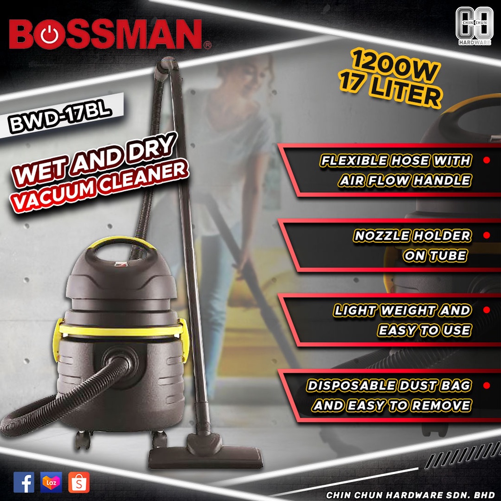 BOSSMAN BWD-17BL WET & DRY VACUUM CLEANER 17L/1200W | MULTIPURPOSE ...