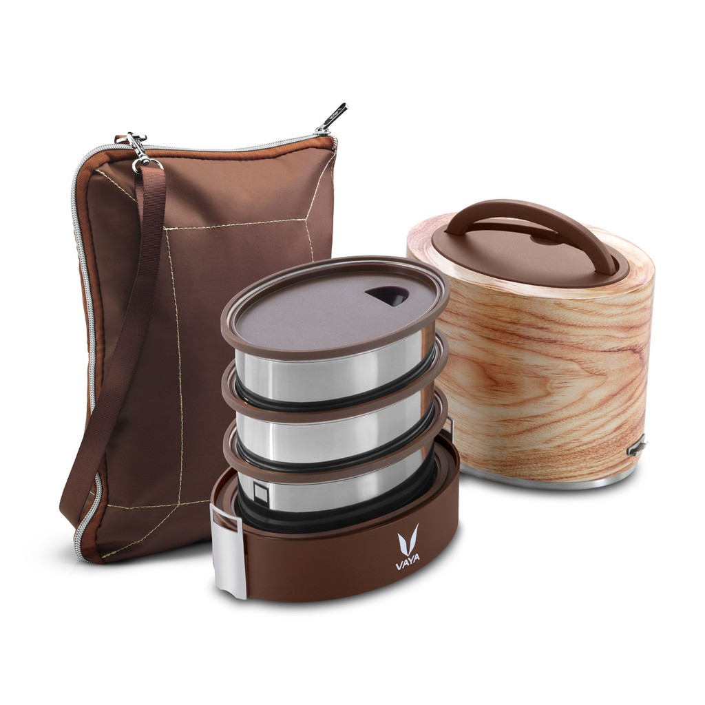 Vaya Tyffyn Maple Polished Stainless Steel Lunch Box With Bagmat, 1000