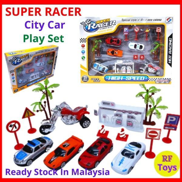 Super Racing Car City Car Motorcycle Play Set with Oil Gas Station Road Signboard Tree Triangle Cone Toys for Kids