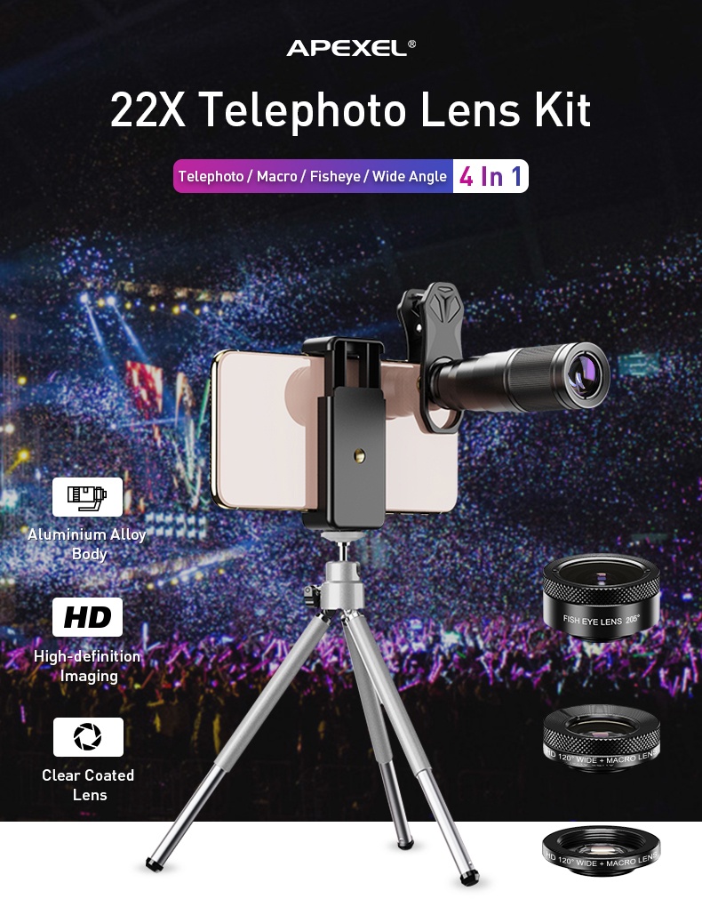 APEXEL HD Phone Camera Lens Kit 4in1 Telephoto Zoom Monocular Telescope ...