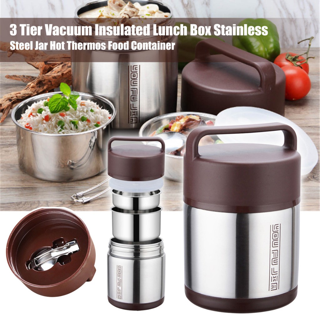 3 Tier Stainless Steel Vacuum Insulated Lunch Box Jar Hot Thermos