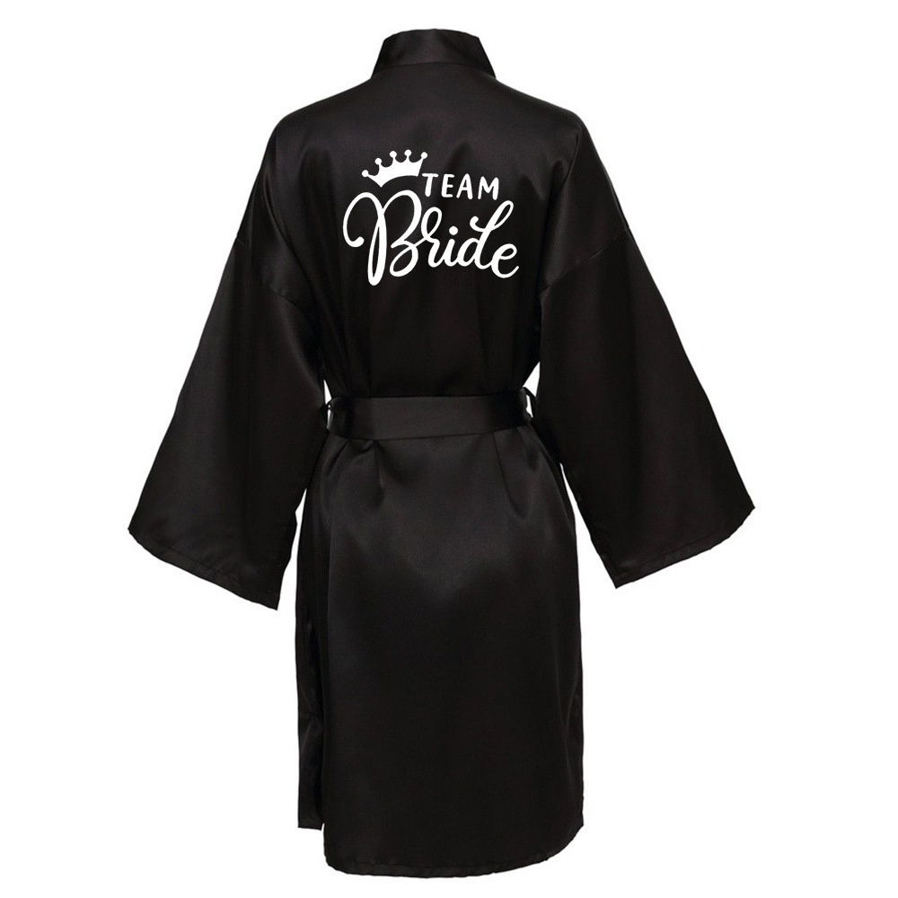 Wedding Party Team Bride Robe With Black Letters Kimono Satin Pajamas