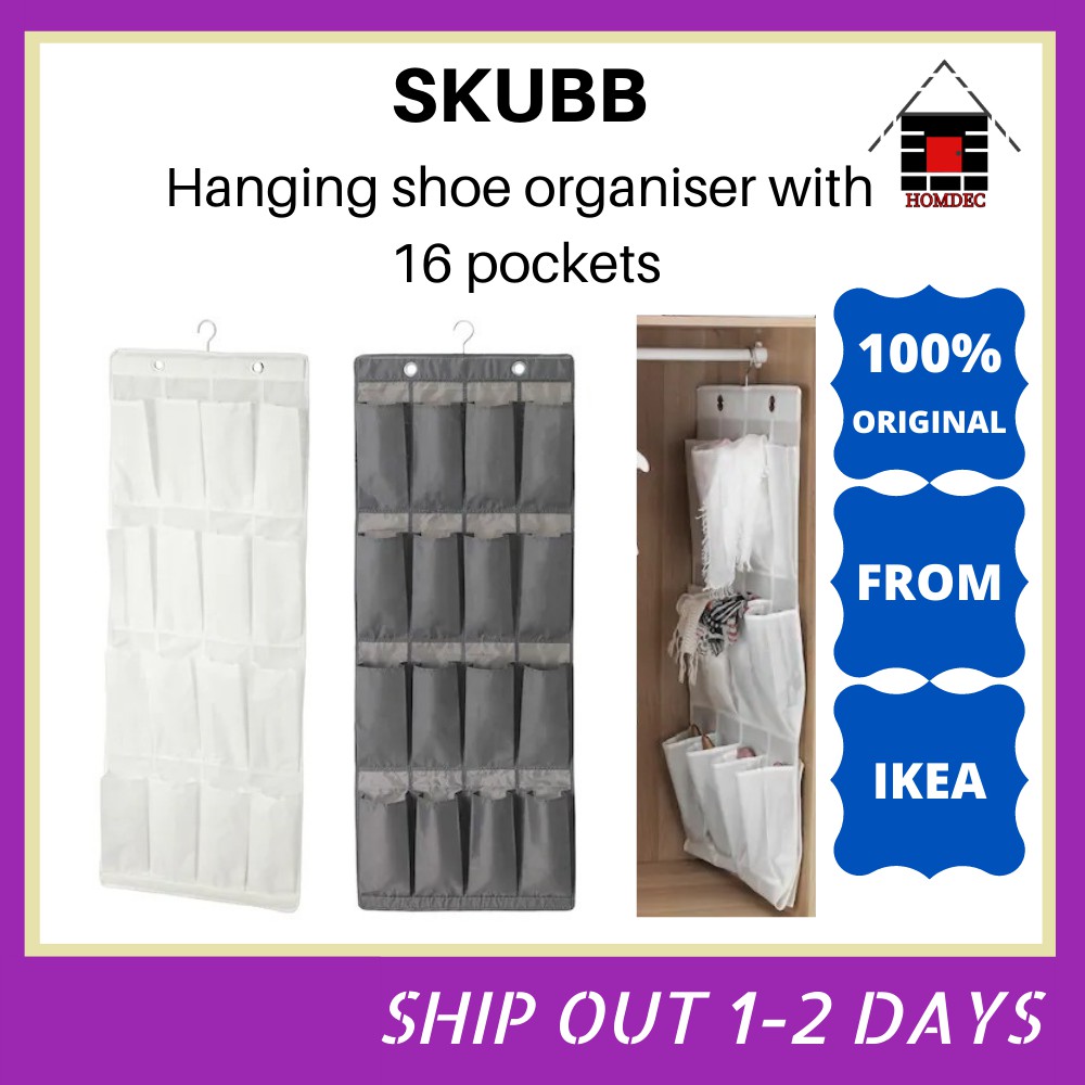 IKEA SKUBB Hanging shoe organiser w 16 pockets, white/dark grey Shopee Malaysia