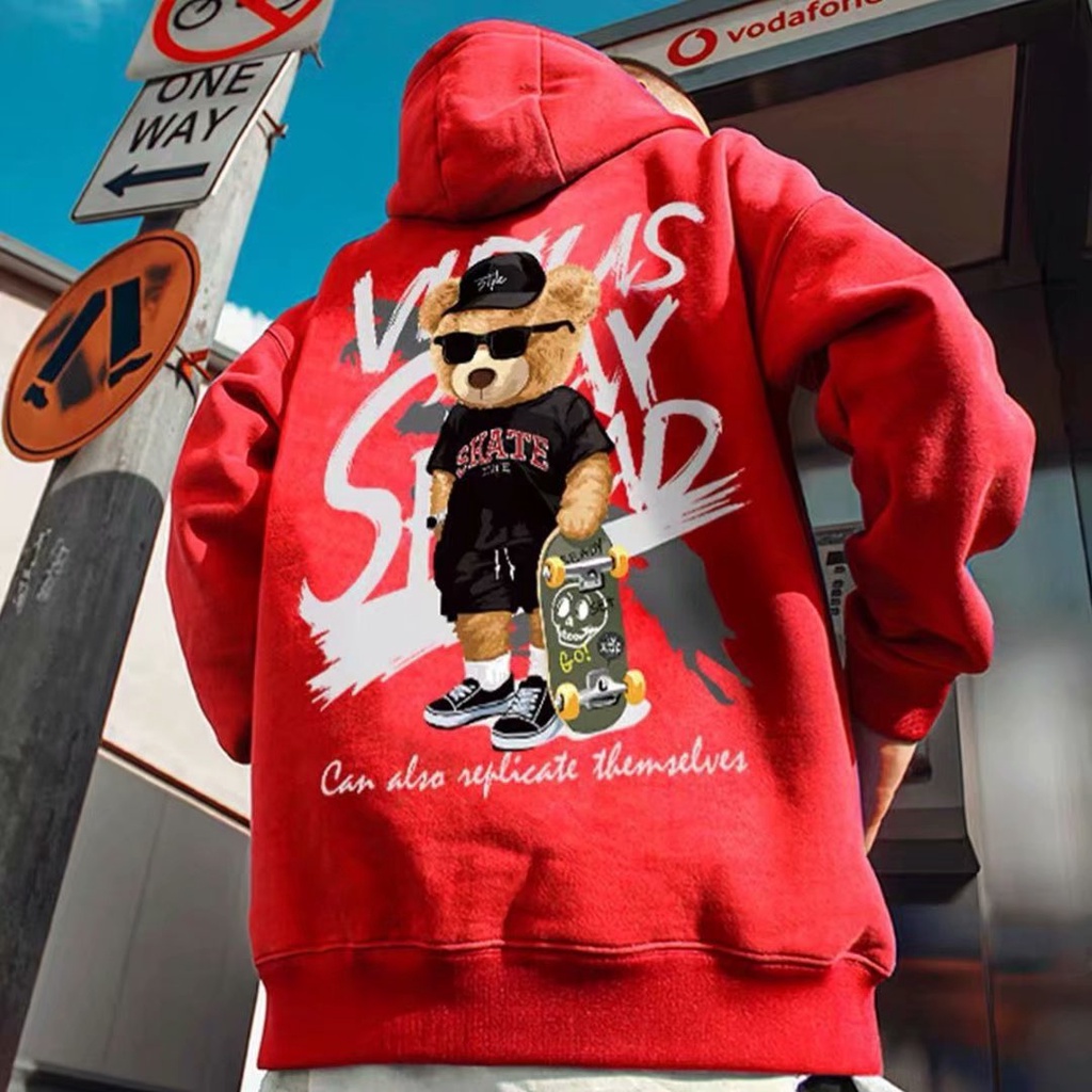 Hoodies【M-5XL】Korean Fashion Men's Hoodie Printed Bear Hoodie Cartoon ...