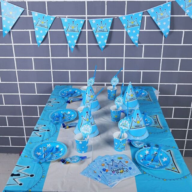 Blue Crown Happy Birthday theme decoration Table cover, Plate, Cup