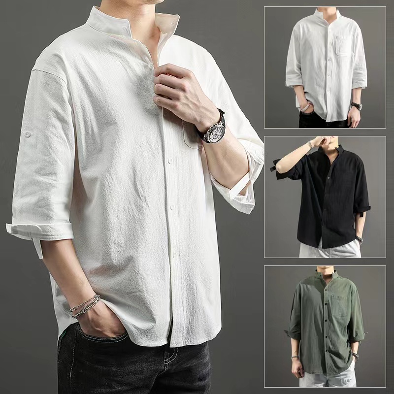 Korea KURTA Cotton Men's Shirt Short Sleeve Linen Loose Label Collar ...