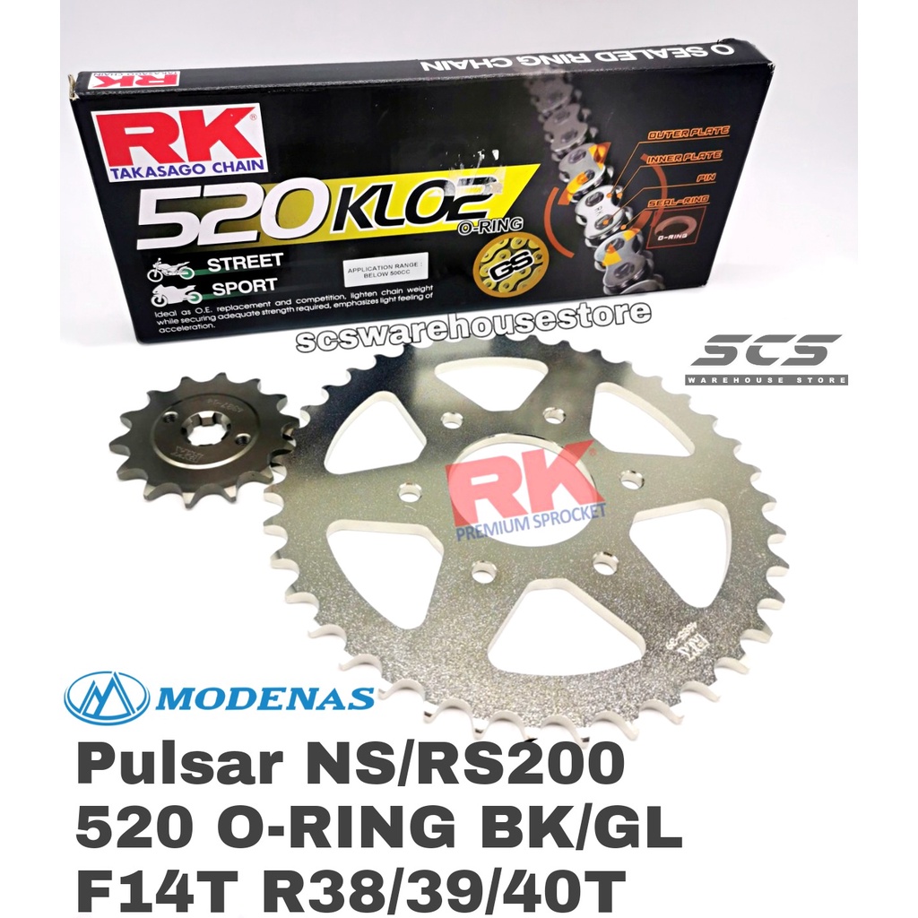 RK Sprocket Set Pulsar NS200 RS200 520 KLO2 RK ORing Black Gold Chain 14T38/39/40T Modenas