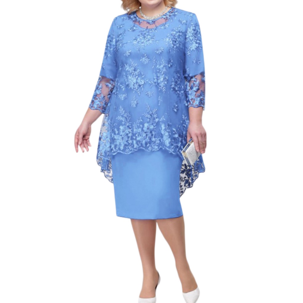 [ER] Breathable Women Dress Embroidery Lace 3/4 Sleeve Lady Evening ...