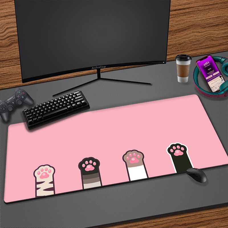 Gaming Mouse Pad XXL Extended Anime Mouse Pad 31.5x15.7inch, Large Cute Kawaii Big Computer Mouse Mat Desk Pad With Non-Slip Rubber Base And Stitched Edge For Home Office-Black Ink Cat