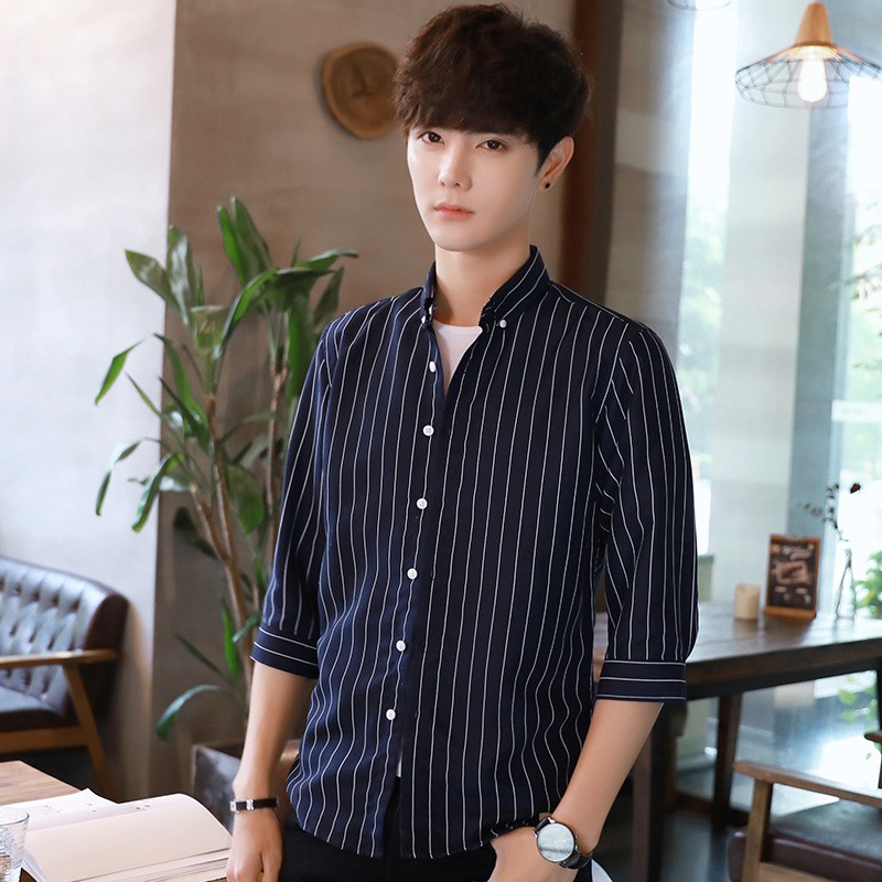 M 5XL Korean Style Men Shirt Slim Fit 3 4 Sleeve Baju Kemeja Lelaki Business Formal Shirt Men Striped Shirt Shopee Malaysia