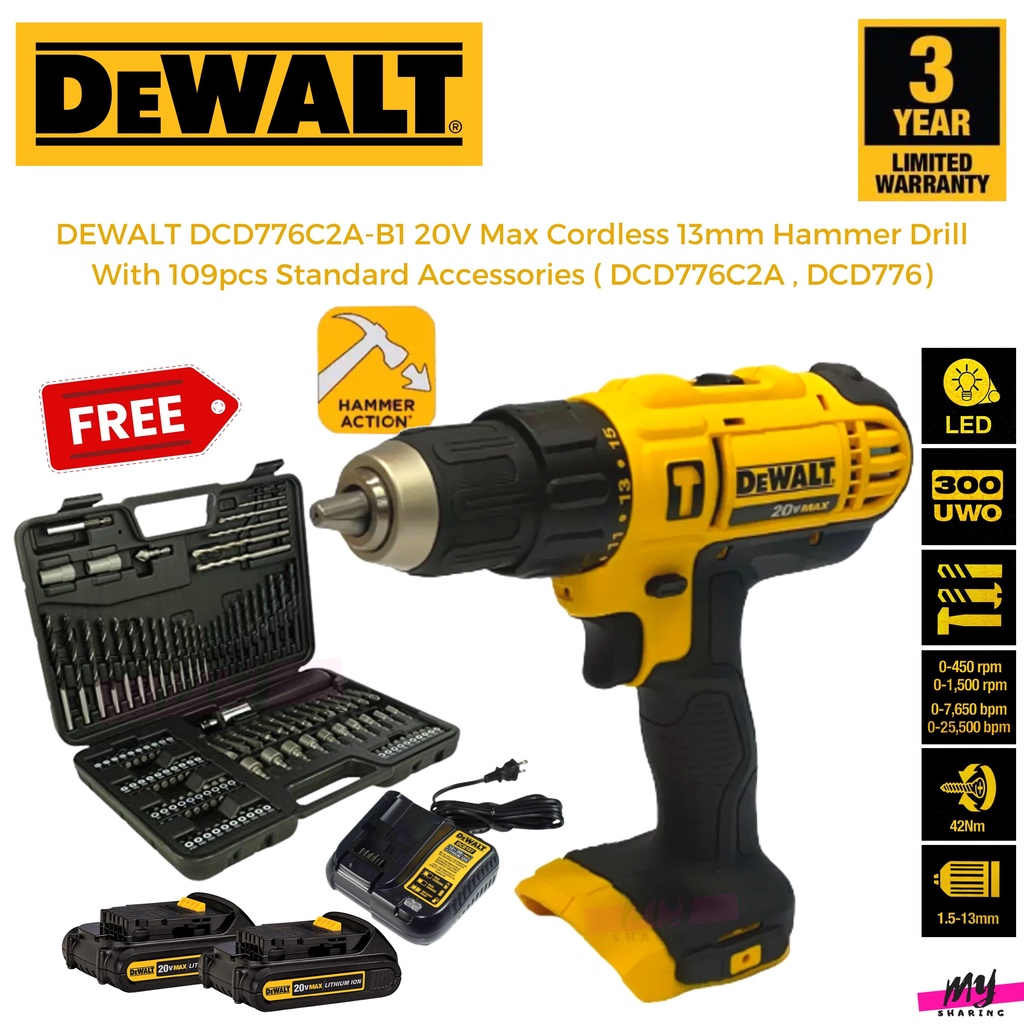 DEWALT DCD776C2A-B1 20V Max Cordless 13mm Hammer Drill With 109pcs ...
