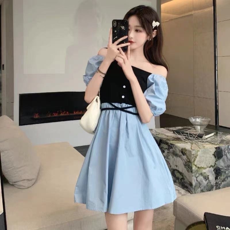Korean style square neck puff sleeve A-line skirt stitching sweet dress
