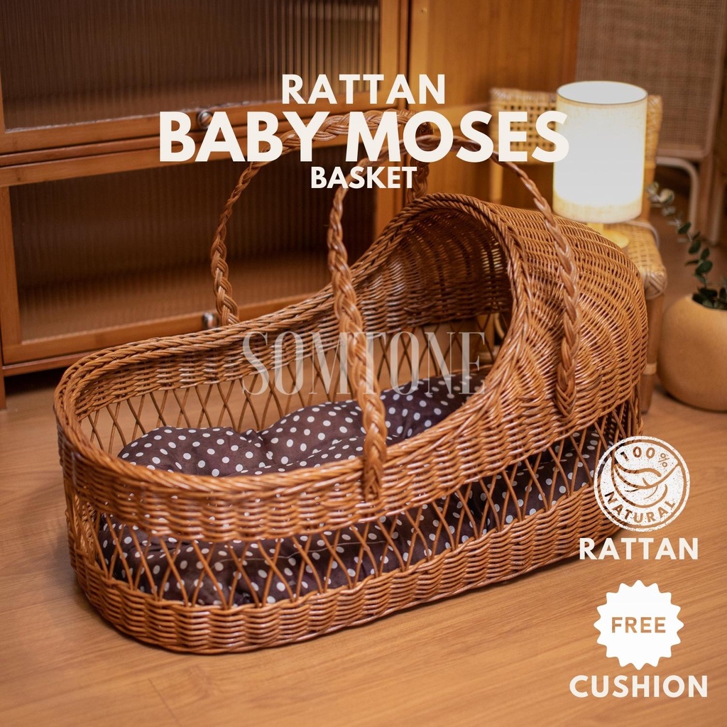 Balinese Rattan Baby Moses Basket Crib with Bedding for Baby (Newborn