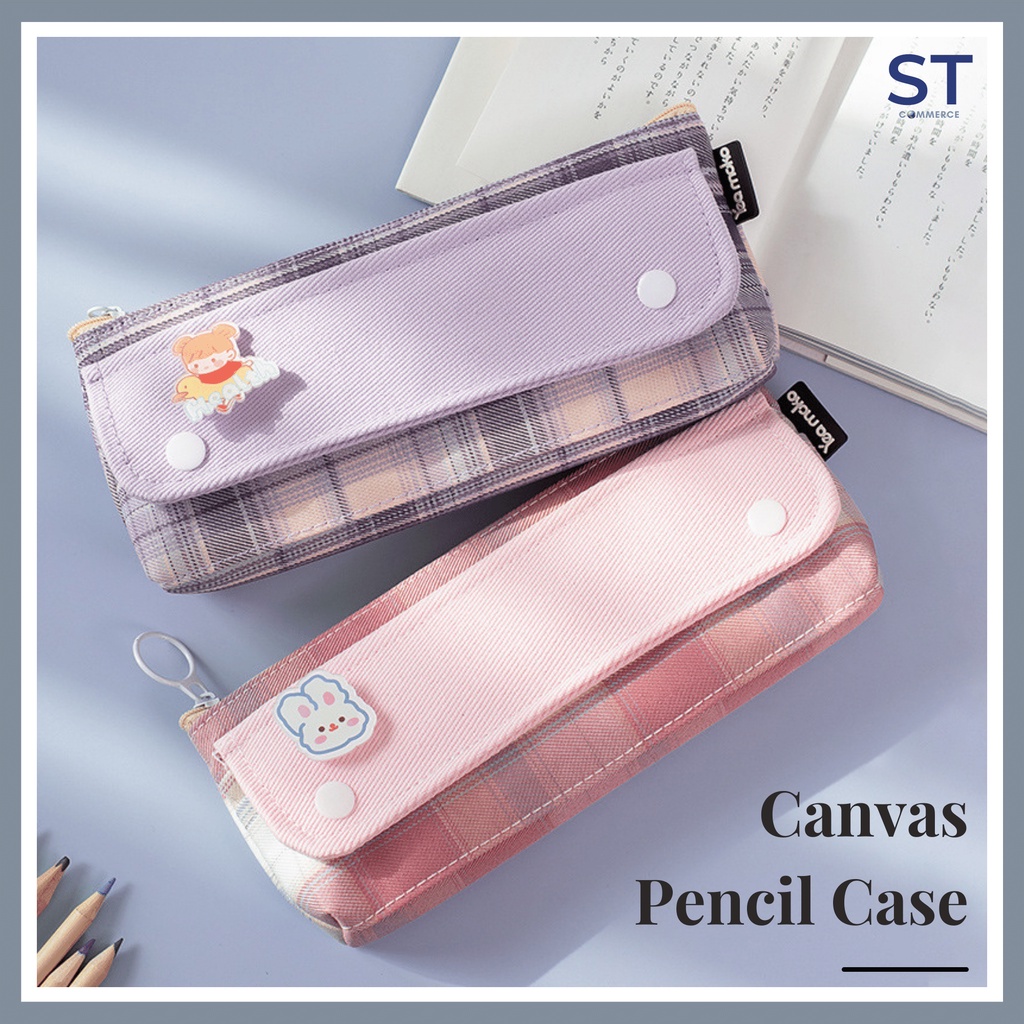 Cute Pencil Case Grid Zipper Canvas Multifunction Pen Bag Stationery