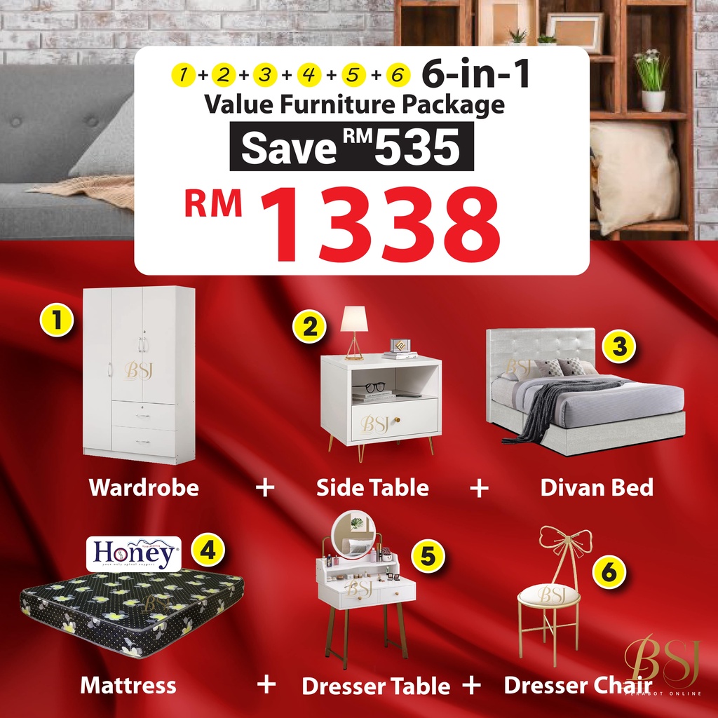 BSJ【𝟔𝐢𝐧𝟏 𝐂𝐎𝐌𝐁𝐎 𝐒𝐄𝐓】Packej Furnitures Queen Size Bedframe Mattress