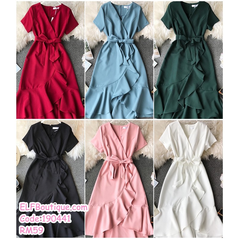 READY STOCK Korean Irregular V-neck Short Sleeve Ribbon Ruffle Wrapped ...