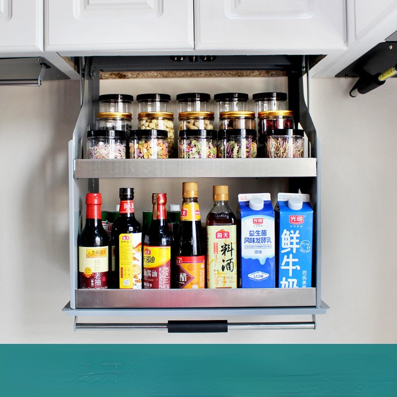 Kitchen Wall Cupboard Lifting Basket Dropdown Seasoning Retractable Upper and Lower Storage